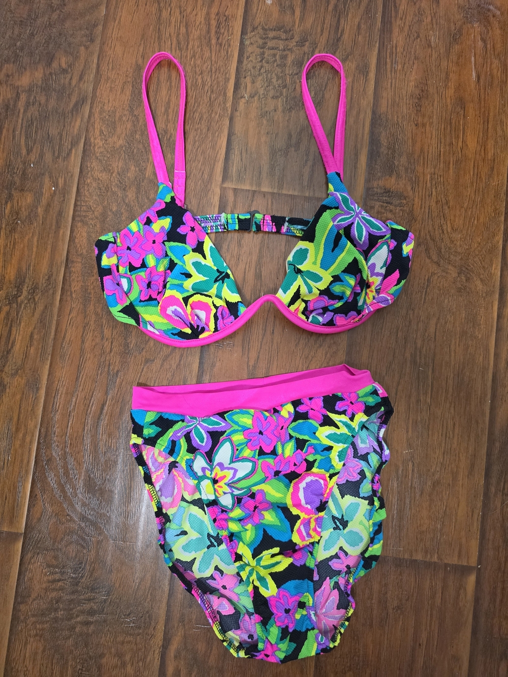 Vintage 80s/90s VENUS High Cut Neon Floral Bikini Medium/D Vacay Tropical